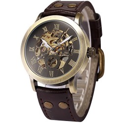 Montre Homme Cadran marron Squelette Mécanique Automatique Analogique Bracelet Cuir PMW198